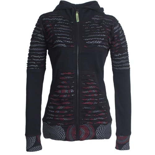 Vishes Damen Hoodie Kapuzenjacke Baumwolle Gestreift Mandala Cutwork Patchwork schwarz 38-40