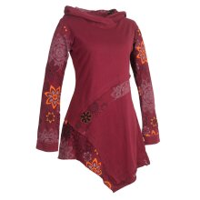 Vishes Asymmetrisches Langarm Damen Baumwoll Blumen-Kleid mit Kapuze dunkelrot 42