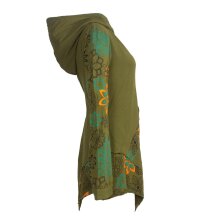 Vishes Asymmetrisches Langarm Damen Baumwoll Blumen-Kleid mit Kapuze olive 46