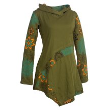 Vishes Asymmetrisches Langarm Damen Baumwoll Blumen-Kleid mit Kapuze olive 46