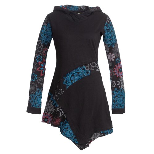 Vishes Asymmetrisches Langarm Damen Baumwoll Blumen-Kleid mit Kapuze schwarz 46