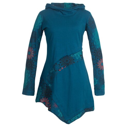 Vishes Asymmetrisches Langarm Damen Baumwoll Blumen-Kleid mit Kapuze türkis 48
