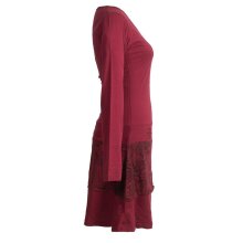 Vishes Damen Lagenlook Langarm Baumwollkleid mit Blumen-Spitze bedruckt dunkelrot 42