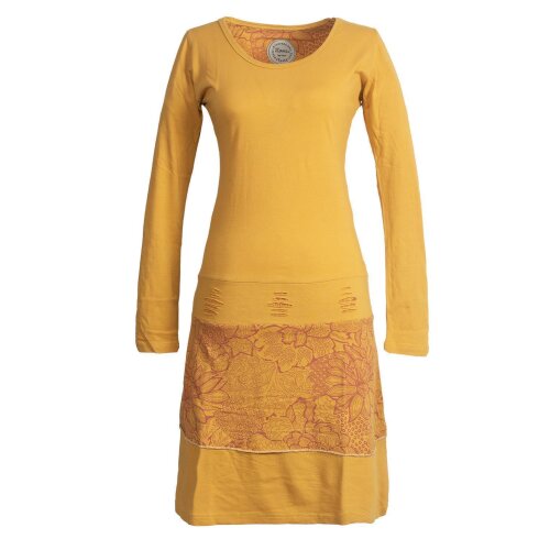 Vishes Damen Lagenlook Langarm Baumwollkleid mit Blumen-Spitze bedruckt gelb 38