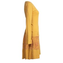 Vishes Damen Lagenlook Langarm Baumwollkleid mit Blumen-Spitze bedruckt gelb 38