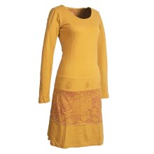 Vishes Damen Lagenlook Langarm Baumwollkleid mit Blumen-Spitze bedruckt gelb 38