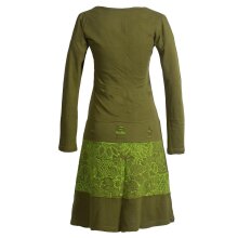 Vishes Damen Lagenlook Langarm Baumwollkleid mit Blumen-Spitze bedruckt olive 44