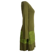 Vishes Damen Lagenlook Langarm Baumwollkleid mit Blumen-Spitze bedruckt olive 46