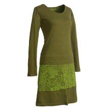 Vishes Damen Lagenlook Langarm Baumwollkleid mit Blumen-Spitze bedruckt olive 50