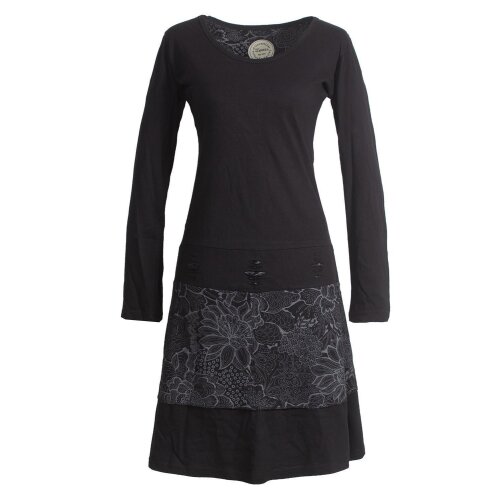 Vishes Damen Lagenlook Langarm Baumwollkleid mit Blumen-Spitze bedruckt schwarz 42