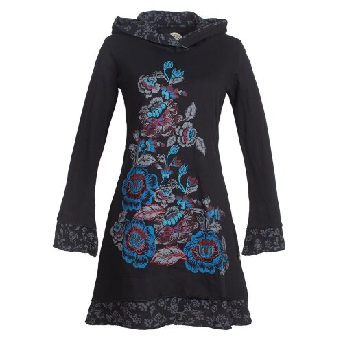 Vishes Langarm Damen Kapuzenkleid Blumenkleid Tunika schwarz 36-38