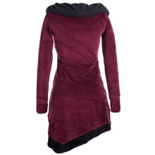 Vishes Langärmliges asymmetrisches patchwork Samtkleid mit großem Schalkragen dunkelrot 48