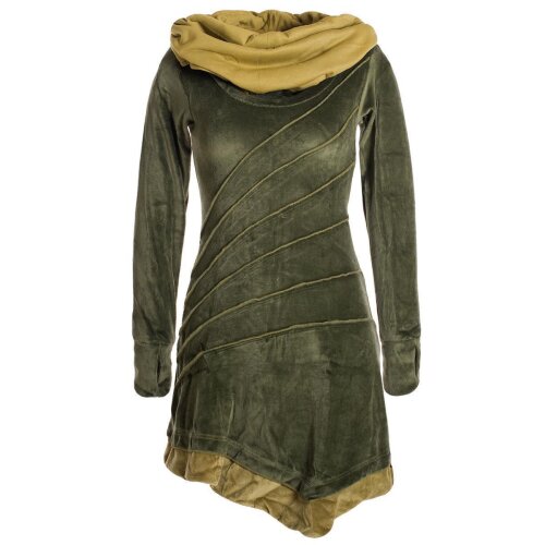 Vishes Langärmliges asymmetrisches patchwork Samtkleid mit großem Schalkragen olive 48