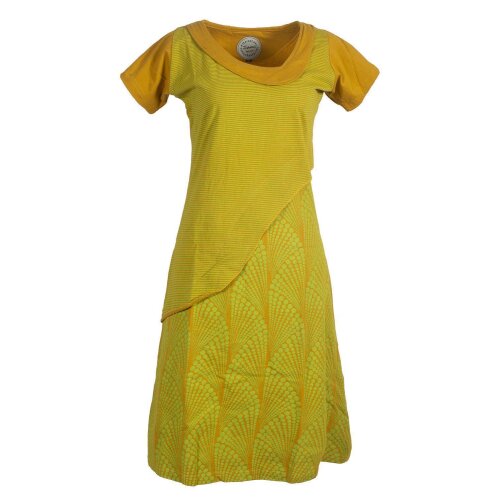 Vishes Damen Kurzarm Lagenlook Kleid Hippie Streifen Punkte Muster gelb 40-42
