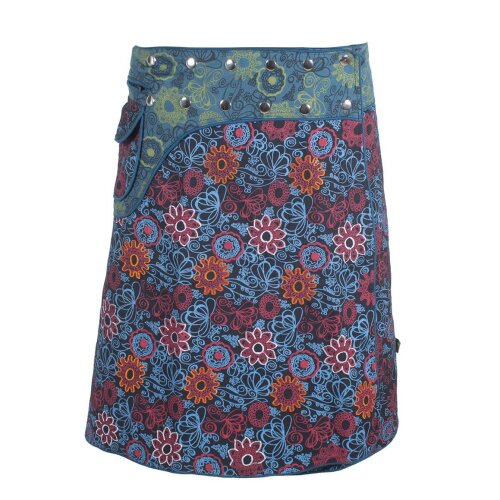 Vishes Damen A Line Blümchen Wickelrock Cacheur Knielang Kurz Midi Druckknöpfe Tasche schwarz-türkis 34-40