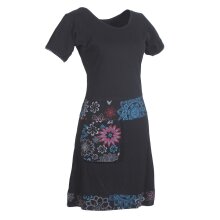 Vishes - Damen Kurzarm Kleid Hippie Blumen Muster Sidebag Tasche schwarz 40