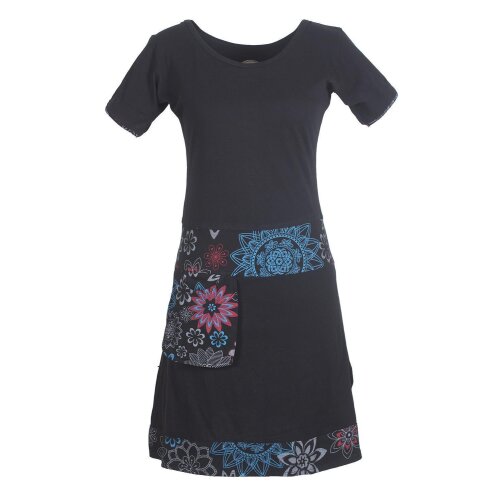 Vishes - Damen Kurzarm Kleid Hippie Blumen Muster Sidebag Tasche schwarz 44-46