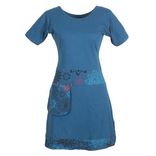 Vishes - Damen Kurzarm Kleid Hippie Blumen Muster Sidebag Tasche türkis 44-46