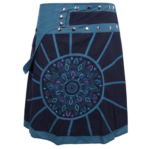 Vishes - Wickelrock Rock zum Wickeln Kurz Druckknöpfe Sonne Blume Bestickt schwarz-türkis 38-44