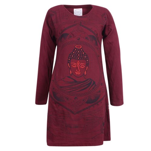 Vishes Damen Langarm Baumwollkleid Shirtkleid mit Buddha Druck dunkelrot 42
