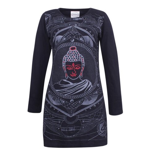 Vishes Damen Langarm Baumwollkleid Shirtkleid mit Buddha Druck schwarz 34