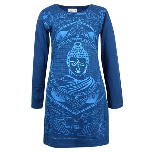 Vishes Damen Langarm Baumwollkleid Shirtkleid mit Buddha Druck türkis 36