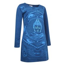 Vishes Damen Langarm Baumwollkleid Shirtkleid mit Buddha Druck türkis 36