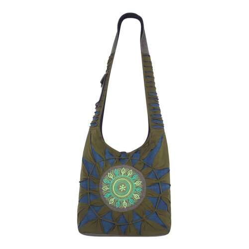 Vishes Damen Umhängetasche Stoff Beuteltasche Schulter Taschen Yogi Bag Baumwolltasche Mandala olive