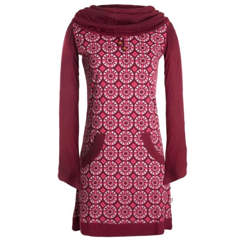 Vishes Langarm Damen Shirt Kleid Schalkragen Bedruckt 70er 80er Retro dunkelrot 36