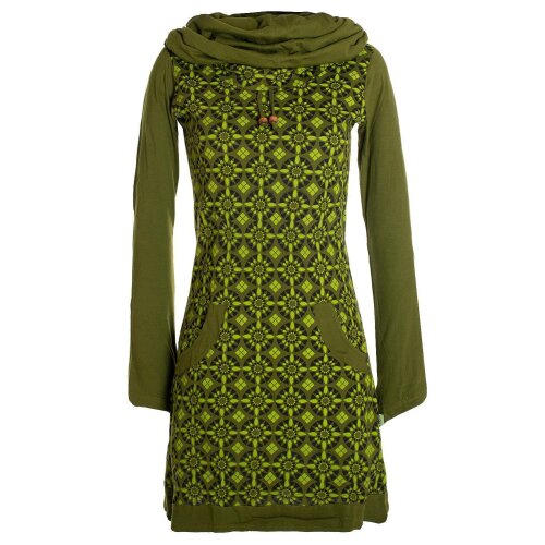 Vishes Langarm Damen Shirt Kleid Schalkragen Bedruckt 70er 80er Retro olive 42