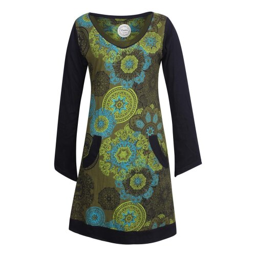 Vishes - Langarm Damen Lagen-Look Jersey-Kleid Mandalas V-Ausschnitt olive 48