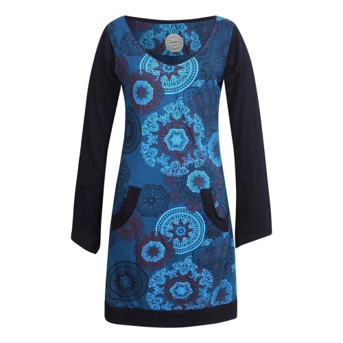 Vishes - Langarm Damen Lagen-Look Jersey-Kleid Mandalas V-Ausschnitt türkis 44-46