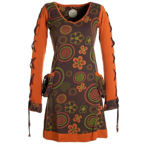 Vishes Langarm Damen Shirt Kleid Blumenkleid Hippie Bedruckt 70er 80er braun 38