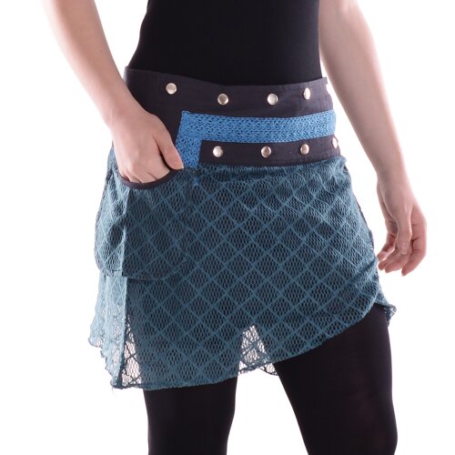 Vishes Damen Rock Mini Lagen Wickelrock Spitzenrock Spitze Baumwolle schwarz-türkis 36-44