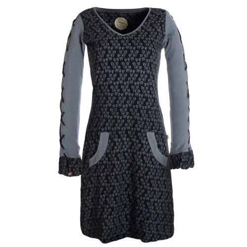 Vishes Damen Blumenkleid Langarm Shirtkleid Baumwollkleid mit Schnüren schwarz 38