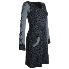 Vishes Damen Blumenkleid Langarm Shirtkleid Baumwollkleid mit Schnüren schwarz 38