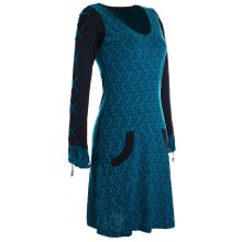Vishes Damen Blumenkleid Langarm Shirtkleid Baumwollkleid mit Schnüren türkis 38