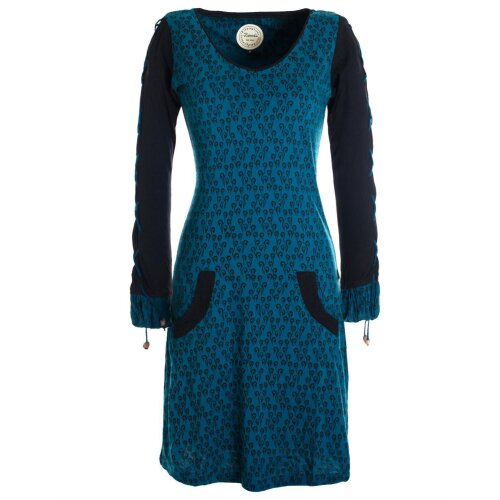 Vishes Damen Blumenkleid Langarm Shirtkleid Baumwollkleid mit Schnüren türkis 42