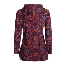 Vishes - Langarm Damen Hoodie Baumwoll Kapuzenshirt Blumenshirt mit Blumen Druck und Kängurutasche dunkelrot 42