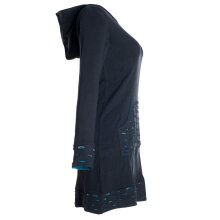 Vishes - Damen Kapuzenkleid Sweatkleid Hoodie-Kleid Langarm Baumwollkleid mit Kapuze Cutwork schwarz-türkis 40-42