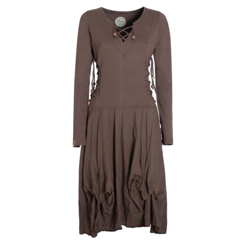 Vishes Langes Langarm Damen Kleid Bio-Baumwolle Einfarbig mit Schnürung V-Ausschnitt braun 38-40