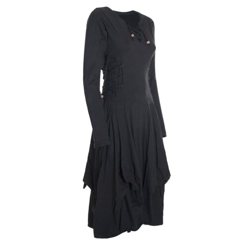 Vishes Langes Langarm Damen Kleid Bio-Baumwolle Einfarbig mit Schnürung V-Ausschnitt schwarz 38-40