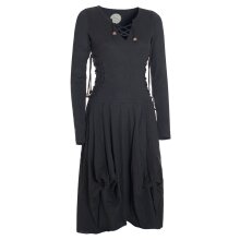 Vishes Langes Langarm Damen Kleid Bio-Baumwolle Einfarbig mit Schnürung V-Ausschnitt schwarz 38-40
