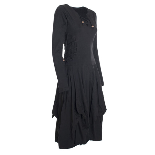 Vishes Langes Langarm Damen Kleid Bio-Baumwolle Einfarbig mit Schnürung V-Ausschnitt schwarz 44-46