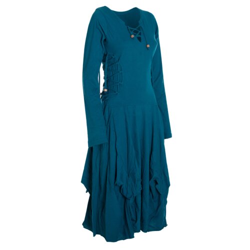 Vishes Langes Langarm Damen Kleid Bio-Baumwolle Einfarbig mit Schnürung V-Ausschnitt türkis 32