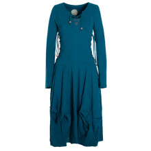 Vishes Langes Langarm Damen Kleid Bio-Baumwolle Einfarbig mit Schnürung V-Ausschnitt türkis 46