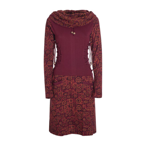 Vishes Langarm Damen Kleid Jerseykleid Strickkleid Sweatshirtkleid Sweatkleid mit Schnürung - Baumwolle dunkelrot 40