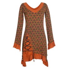 Langarm Damen Kleid Zipfelkleid Bedruckt Asymmetrisch mit Rüschen Volant braun 32