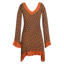 Langarm Damen Kleid Zipfelkleid Bedruckt Asymmetrisch mit Rüschen Volant braun 40