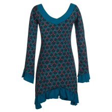 Langarm Damen Kleid Zipfelkleid Bedruckt Asymmetrisch mit Rüschen Volant schwarz 48